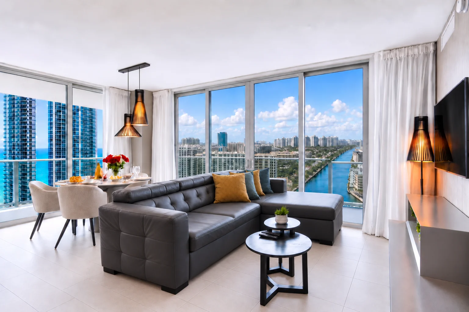 Living con ventanales y vista al mar / Ocean-view living room